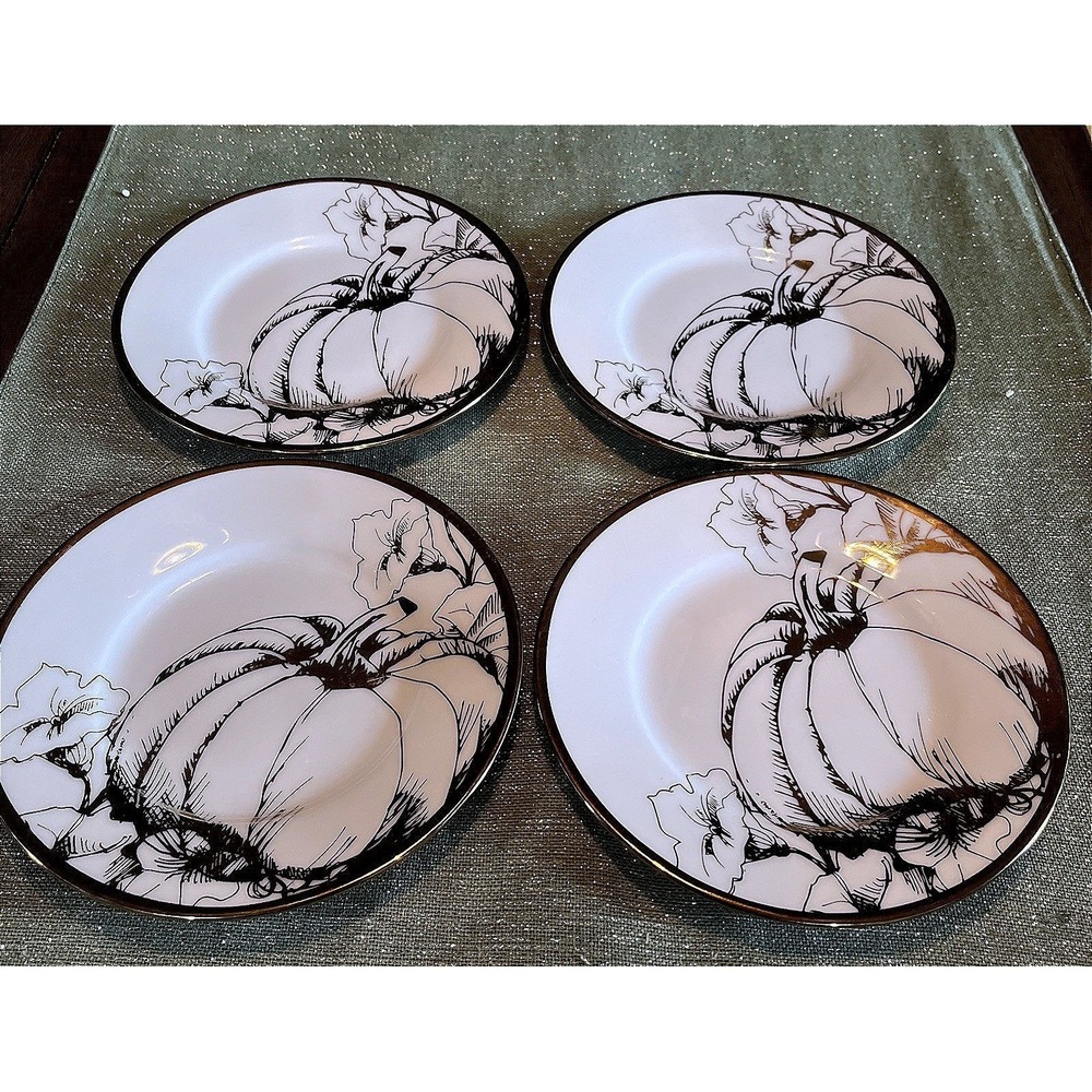 Ciroa Luxe 4 Bread Plates White Porcelain Gold Pumpkin & Vines 6 Inch
